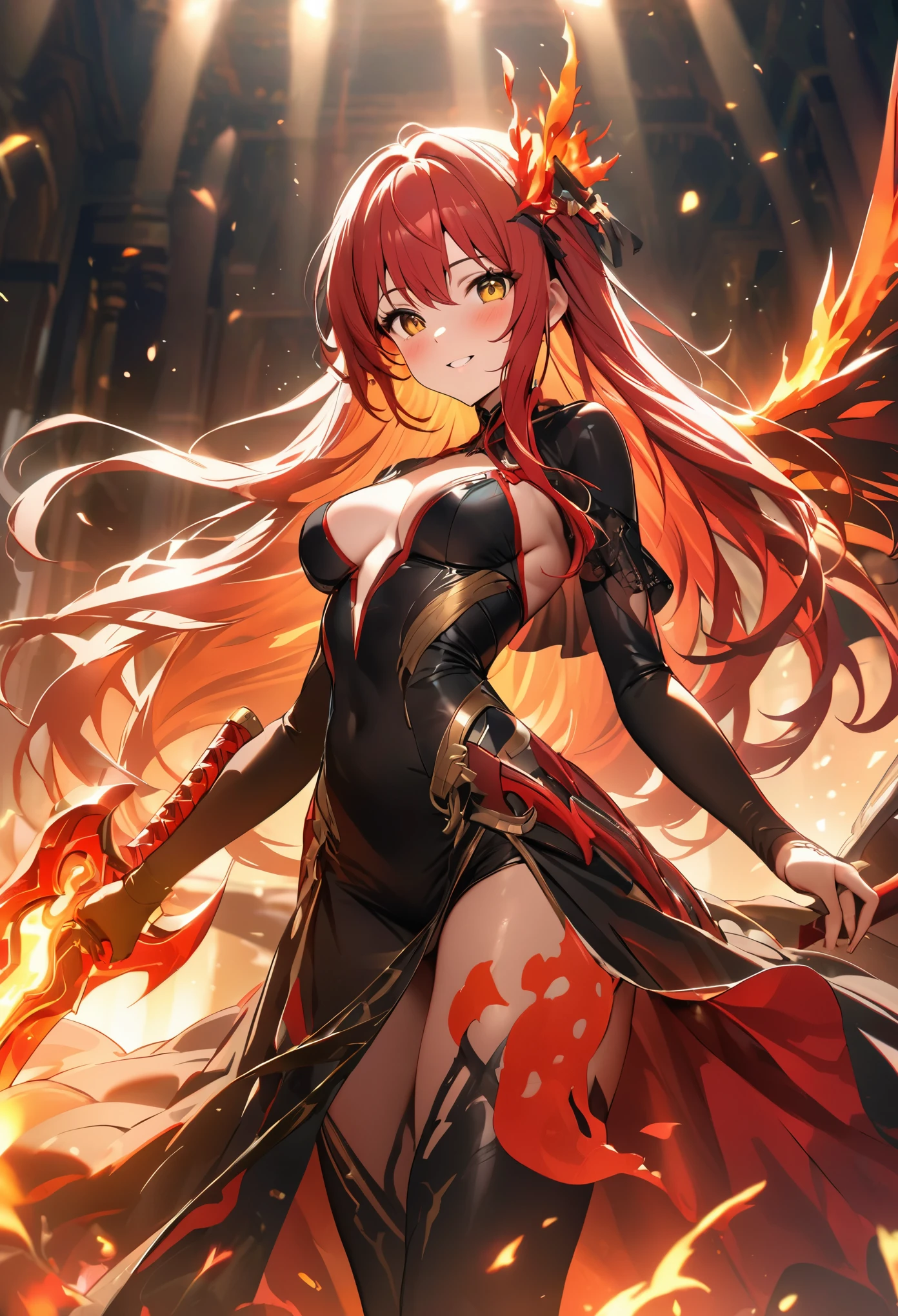 (masterpiece,  best quality:1.2,UHD,High Resolution、Detailed depiction)、One sexy beauty 、Red Hair、White inner color、Incarnation of Fire 、Wings of Fire、 Sexy Smiles 、 sword with a red sword and a black blade、The sword is wearing fire 、Dazzling lights are scattered around、 raises a sword to the sky and unleashes great magic、 dynamic lighting 、 Flashy and Luxurious Effects、Golden Time 