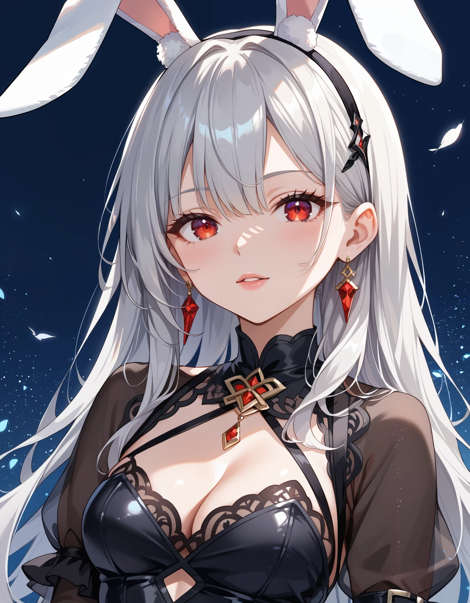 score_9, score_8_up, score_7_up, source_anime, solo, 1girl, silver hair, rabbit ears, red eyes, black dress