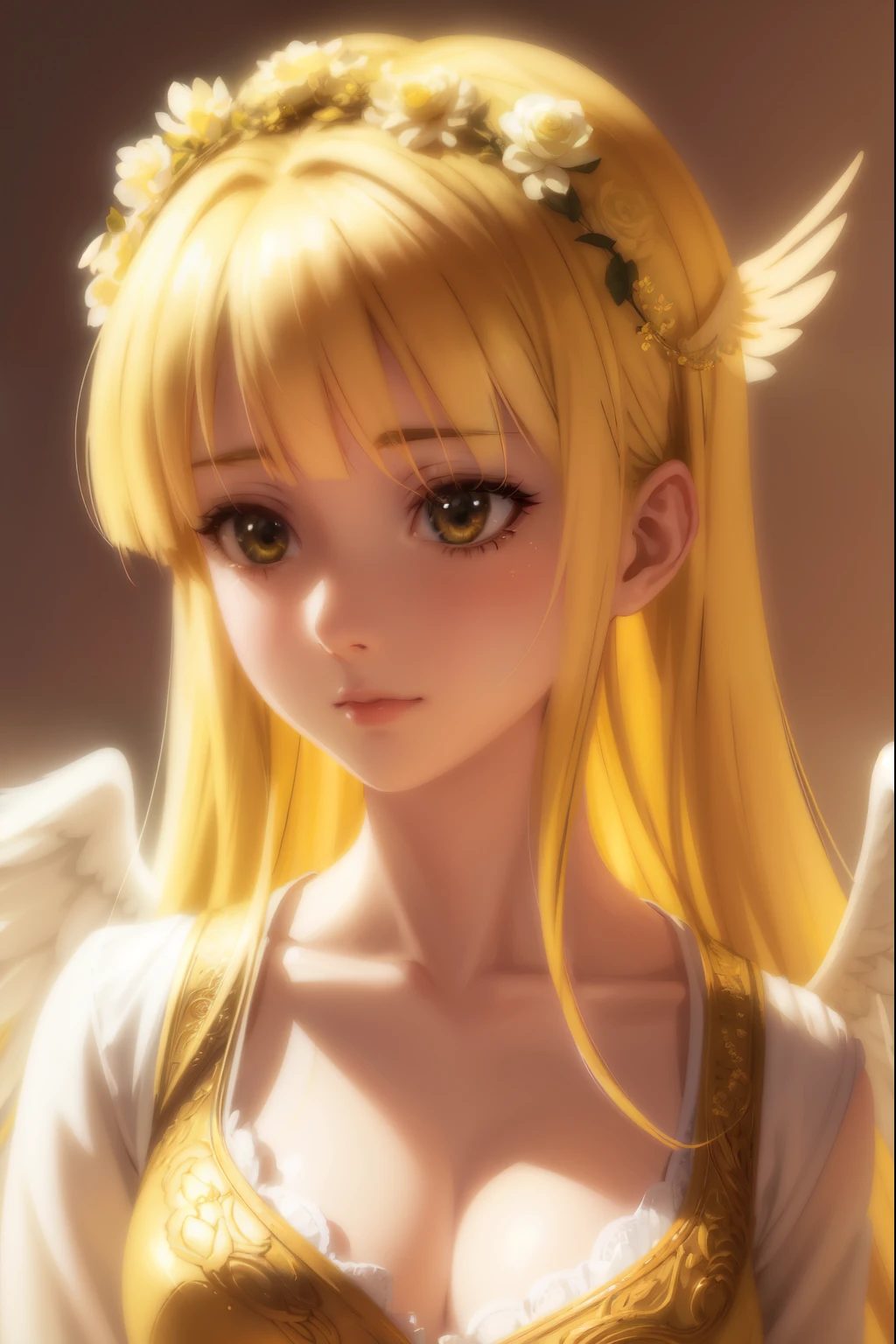 A beautiful young girl with yellow hair and angelic wings, highly detailed anime style illustration, 1girl, detailed facial features, long eyelashes, flower crown, elegant pose, cinematic lighting, vibrant colors, digital painting, masterpiece, photorealistic, 8k, best quality