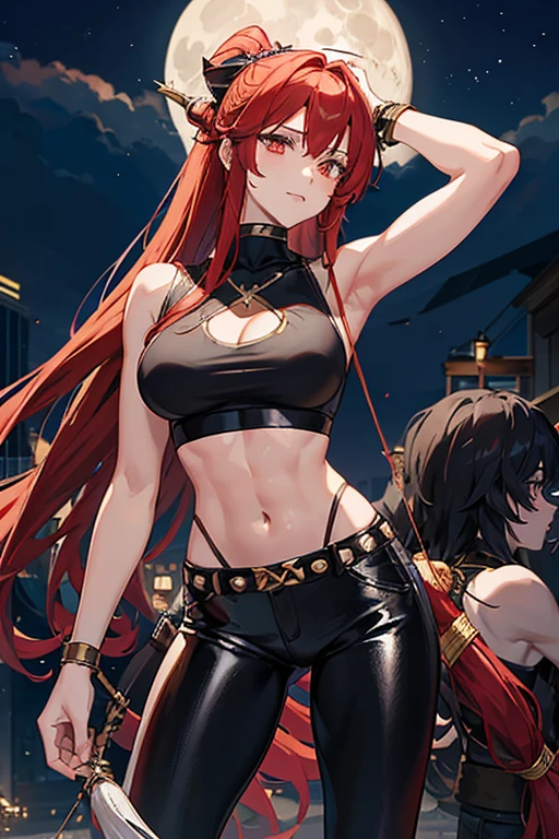 The goddess Artemis, with long reddish hair that reaches her waist and tied in a high ponytail, silver eyes in a crop top and black leather pants with a muscular body, is on a plain at night with a beautiful full moon behind her  son with red hair silver eyes dressed in red pants, sleeveless t-shirt and both carrying a bow with arrows