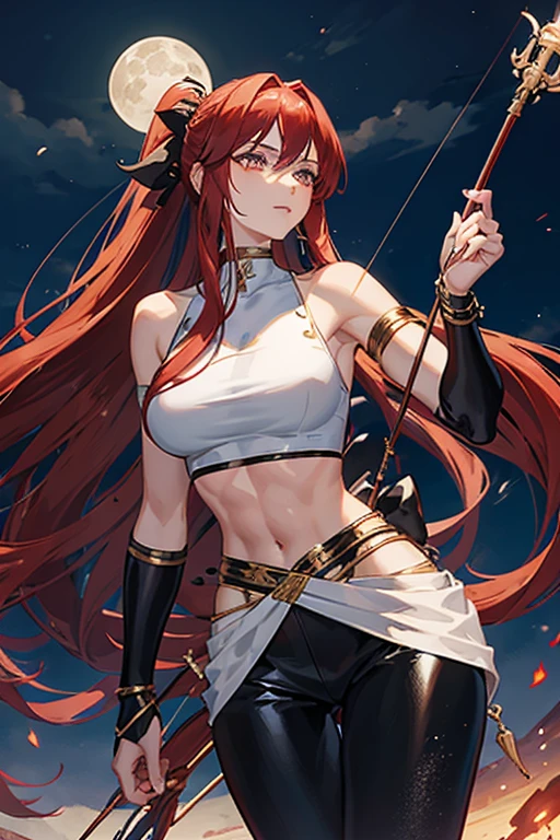 The goddess Artemis, with long reddish hair that reaches her waist and tied in a high ponytail, silver eyes in a crop top and black leather pants with a muscular body, is on a plain at night with a beautiful full moon behind her  son with red hair silver eyes dressed in red pants, sleeveless t-shirt and both carrying a bow with arrows