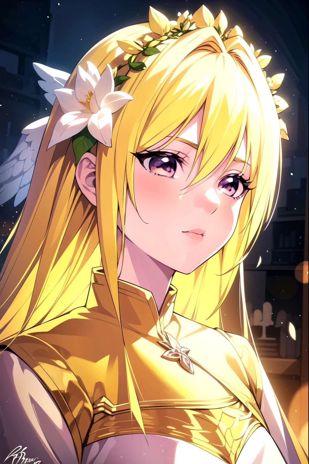 A beautiful young girl with yellow hair and angelic wings, highly detailed anime style illustration, 1girl, detailed facial features, long eyelashes, flower crown, elegant pose, cinematic lighting, vibrant colors, digital painting, masterpiece, photorealistic, 8k, best quality