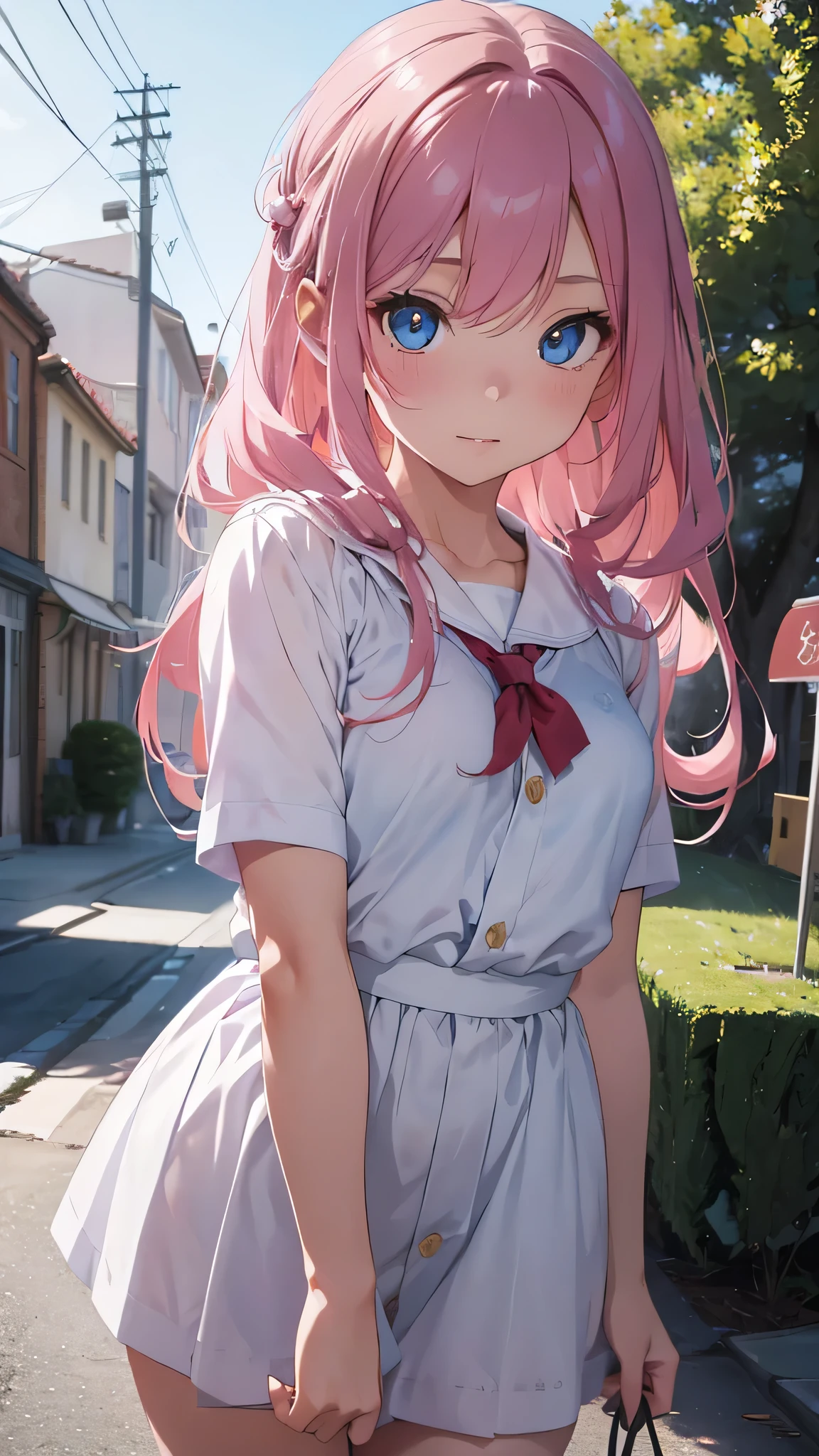 a beautiful young girl, flowing pink hair, blue eyes, school uniform, 1girl, detailed face, beautiful detailed eyes, beautiful detailed lips, extremely detailed eyes and face, longeyelashes, (best quality,4k,8k,highres,masterpiece:1.2),ultra-detailed,(realistic,photorealistic,photo-realistic:1.37),cinematic lighting,vibrant colors,warm color palette,soft focus,ethereal,dreamy,fantasy,magical,elegant,beautiful,anime style