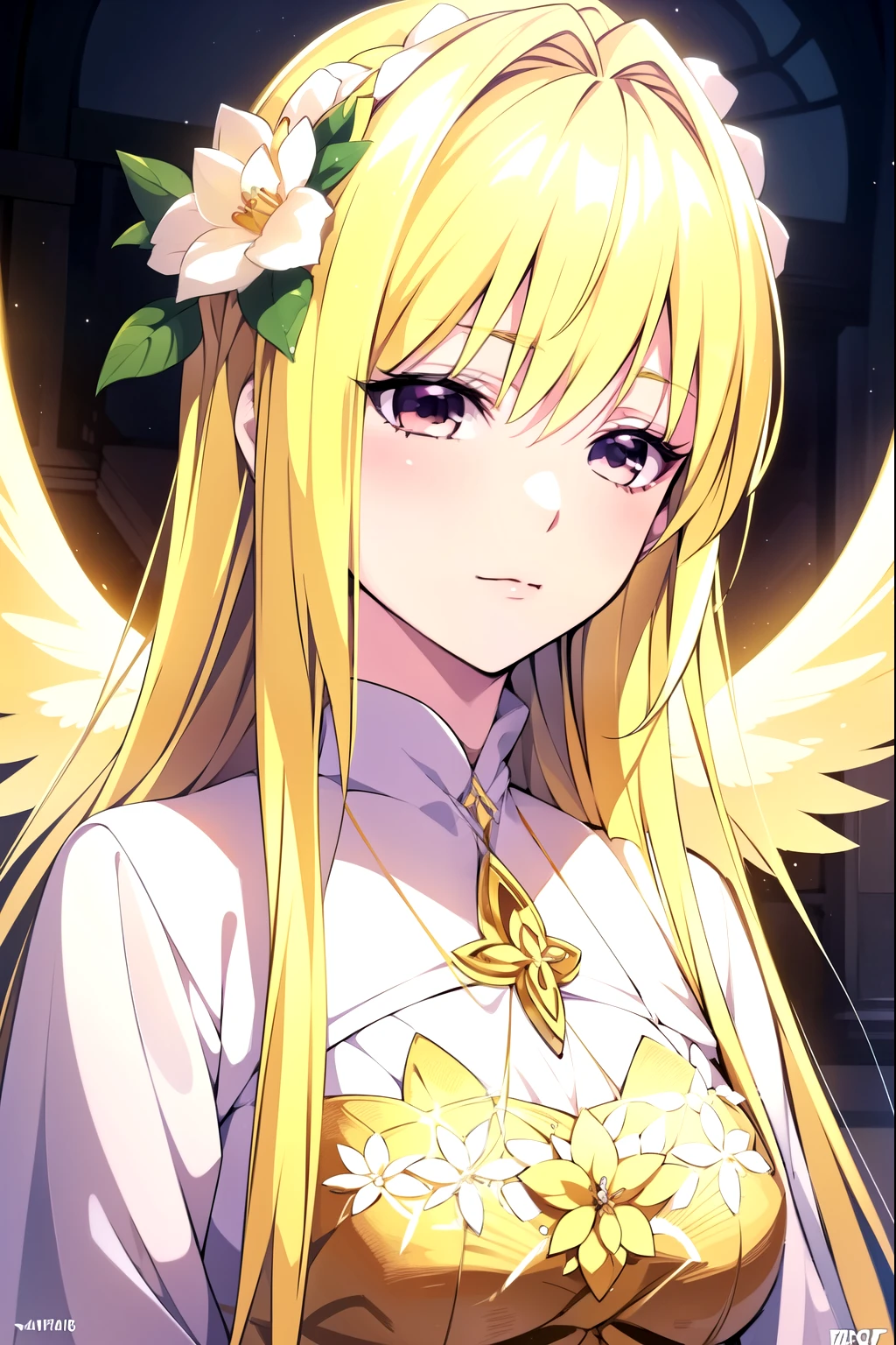 A beautiful young girl with yellow hair and angelic wings, highly detailed anime style illustration, 1girl, detailed facial features, long eyelashes, flower crown, elegant pose, cinematic lighting, vibrant colors, digital painting, masterpiece, photorealistic, 8k, best quality