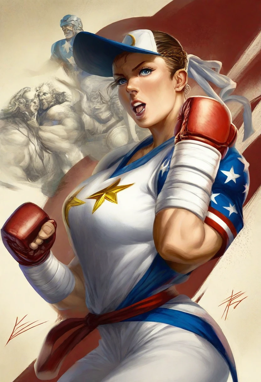 (((Simon Bisley))), (((flag))), Mature woman 35 years muscular beautiful, (((full body)))), , giant robot pilot, wild with perfect body, bare thighs, wearing little clothing, dark blue clothing with white stars, red with white stripes, tiny thong, hoarse with the colors of the United States flag, sensual pose, pose with attitude, add movements, large breasts, technological scenery