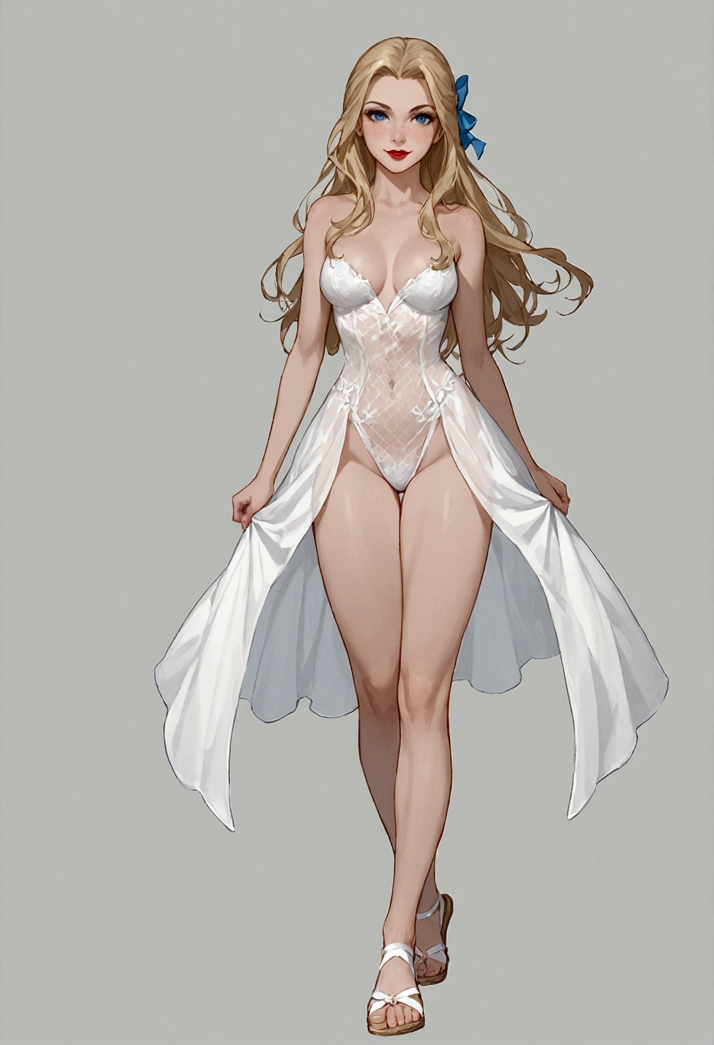 ((full body shot, standing, feet on the ground)) supergirl DC, ((character design sheet)),masterpiece, best quality, highly detailed, score_9, score_8_up, score_7_up, score_6_up, anime source,BREAK, 2 girl, solo, undressed, naked, long hair, blue eyes, flower, hair bow, small breasts, bow, looking at viewer, freckles, parted lips, smile, full body, red lips, lips,gladiador sandals leather ballet slipper, side-front, She looks at you, your gauze hurts, fishnets, white background, neutral cast
