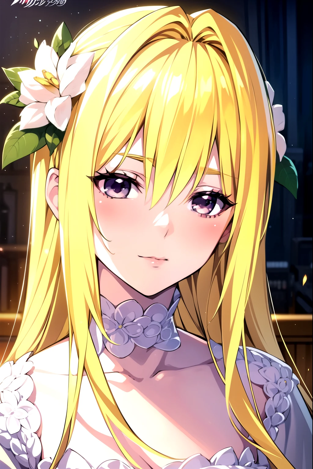 A beautiful young girl with yellow hair and angelic wings, highly detailed anime style illustration, 1girl, detailed facial features, long eyelashes, flower crown, elegant pose, cinematic lighting, vibrant colors, digital painting, masterpiece, photorealistic, 8k, best quality