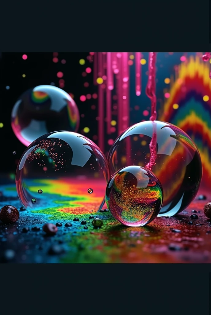 Flood the floor with a river if color shatter the glass transforming into new spheres full of neon green and neon pink fizzing liquid with hot pink and vomit green rain. Photorealistic UHD hyperrealism.