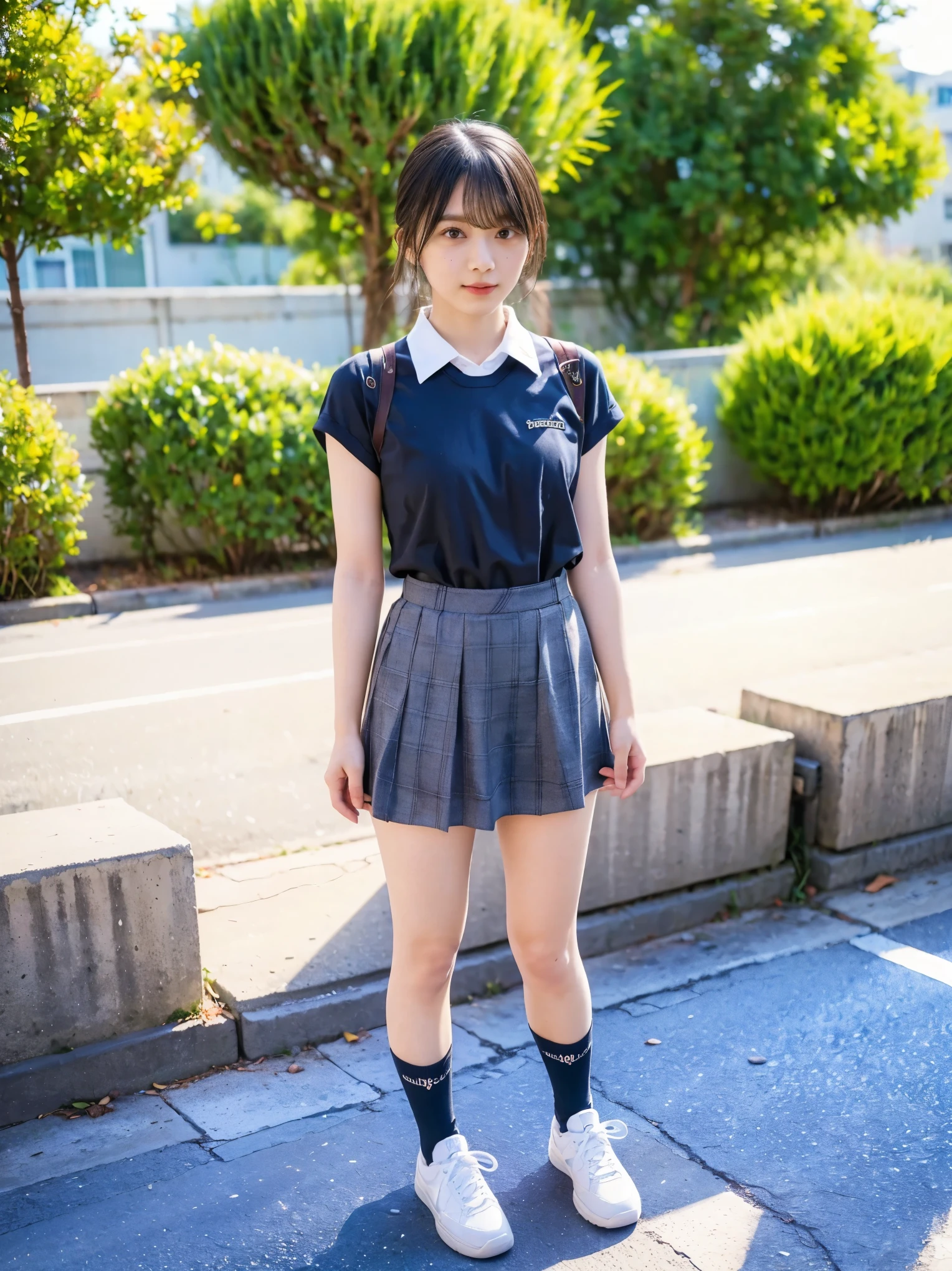 女の子1 person、(8k、 RAW Photos、Best Quality、 High Quality、 masterpiece:1.2)、( real、 real)、1 person、( dark brown hair with leg decorations for medium hair、Y shirt with white collar 、tie、Breast enlargement、 blue check mini short skirt、 shiny skin、Thin legs、(Loose fitting socks、 wearing loose socks:1,2)、 sneakers、 front view、 school yard、( stand with your hands on your lower back, standing:1,2))、 cute、Show me your whole body、summer、Sunshine、Let the sun shine 