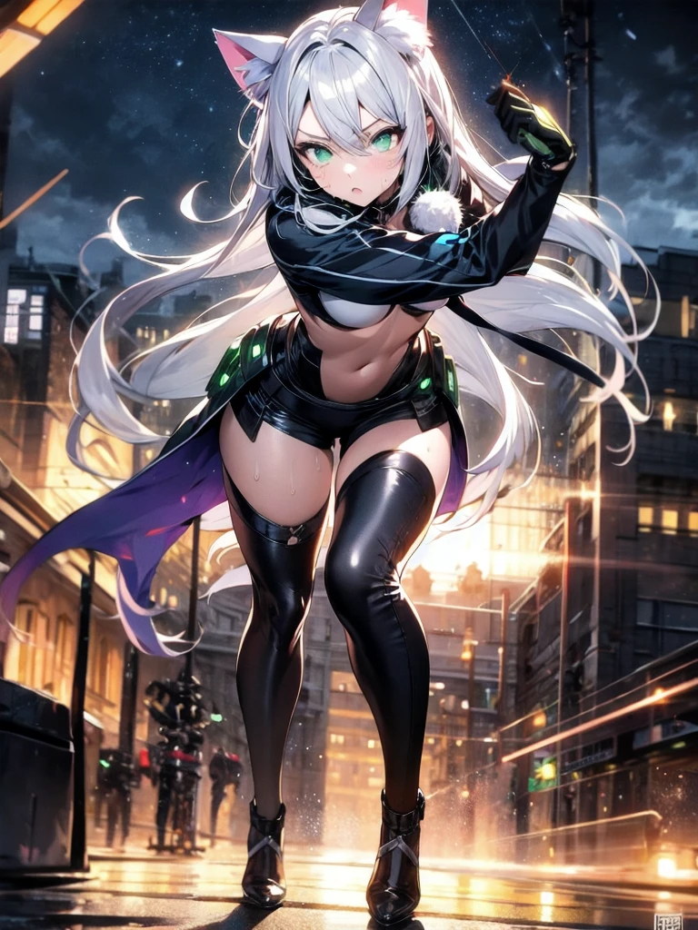 (masterpiece), (best quality), (hires), 1girl, grey hair, shoulder length hair, wavy hair, black hairband, auburn eyes, beautiful detailed eyes, beautiful detailed face, cute face, stoic, professional, ninja, black leotard, black tactical gloves, bare legs, gold bracelets, black thigh-high boots. standing, (points arm towards viewer, casting a spell. energy pulse on hand). cityscape, night, noir atmosphere.