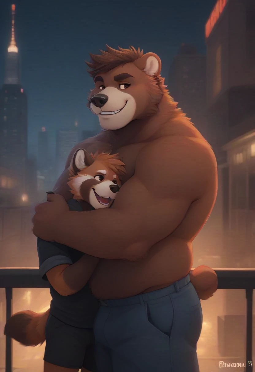 (author：hioshiru and kenket and dimwitdog, Michael Anpu Nisa Garmash, Ruan Jia, Pino Deheny, Chunni), shirtless brown giant grizzly bear, anthropology, Very fat, brown Eyes, hair, Fluffy tail , male , City background ,bedroom ,Black royal attire , king, permanent, Smile, Ring on finger, Embrace, bear hugging his husband an extremely small sized adult red panda,size difference ,shorts, adults,