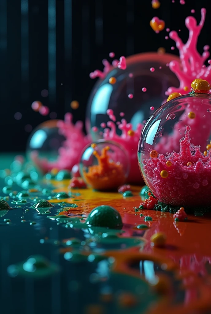 Flood the floor with a river if color shatter the glass transforming into new spheres full of neon green and neon pink fizzing liquid with hot pink and vomit green rain. Photorealistic UHD hyperrealism.