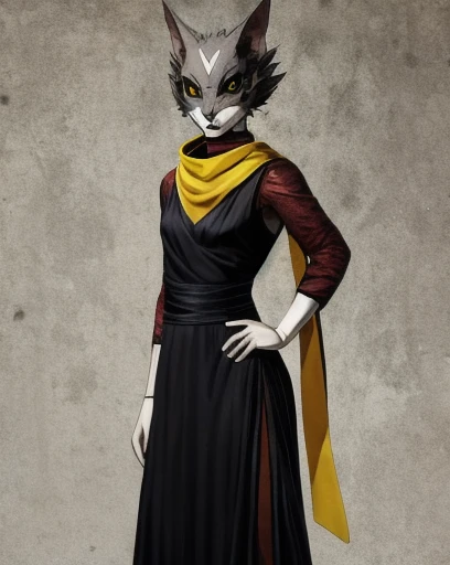 Paramut ,scarf, evening dress ,  Black Sclera , yellow eyes,Scalpel,Rocky Background