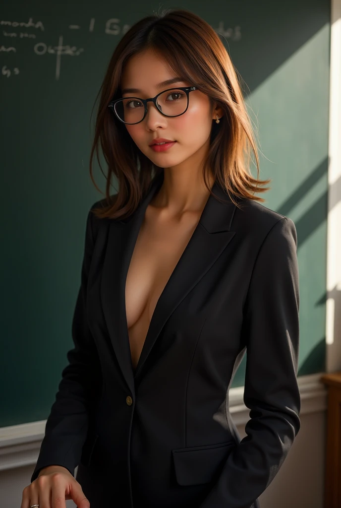 ((best quality)), ((masterpiece)), (detailed), (photorealistic:1.4), best quality, face like jennifer lopez, masterpiece, ultra high res, 1girl, (detailed face:1.2), (detailed eyes:1.2), (detailed hair:1.2), (detailed clothes:1.2), 4k, (detailed color:1.2), perfect face, beautiful body, pretty face, teenager female, perfect body, big breast, Ultra-high detail, Photorealism, Intimate atmosphere, flowing light, black straight hair, ponytail, glasses, wear a black coat, naked coat, braless, black skirt, unbuttoned coat, sit on the table, office room, facing at viewer