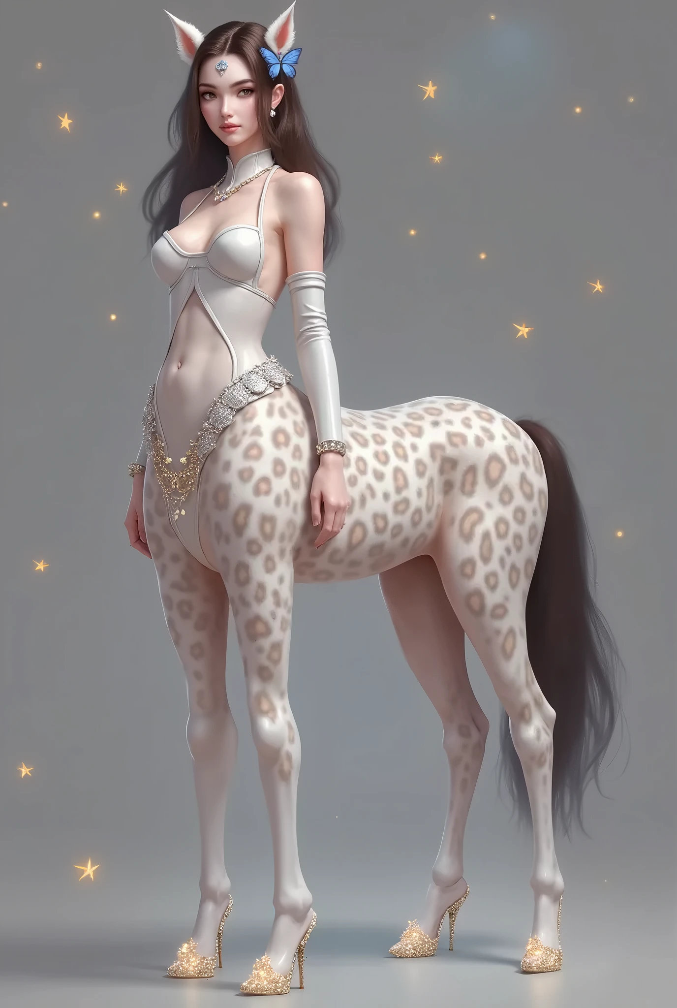 1Centaur Girl,Four legs,Leopard print underwear,Leopard-print clothing,Leopard print,Crystal high heels,The whole body is dazzling and starry,((Wearing medieval leather armor: 1.6))(Flesh-colored skin (Cynthia Sheppard), Fair and shiny skin, Full body CGsociety, Beautiful full body concept art, horse, smooth Fair and translucent skin, Pretty blue butterfly hair accessories and pale porcelain skin, Gu Weiss, Fair and translucent skin, Pale skin,,Ivory white skin, Light milky white porcelain skin,(Skin tone consistency)