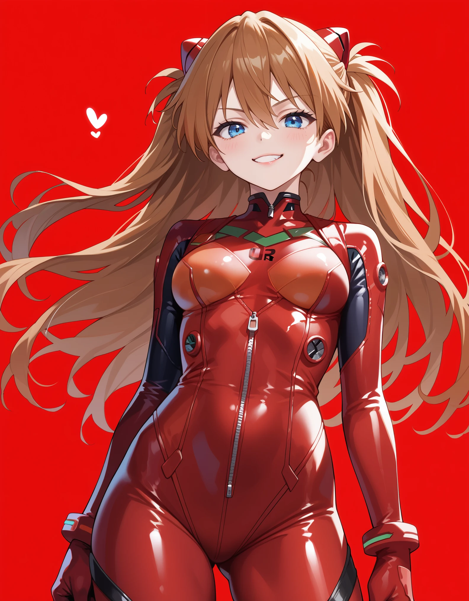 score_9, score_8_up, score_7_up, 1girl, asuka langley soryu, brown hair, long hair, bangs, blue eyes, hair ornament, red zipped bodysuit, bodysuit, plugsuit, interface headset, smug, simple background, red background, cowboy shot