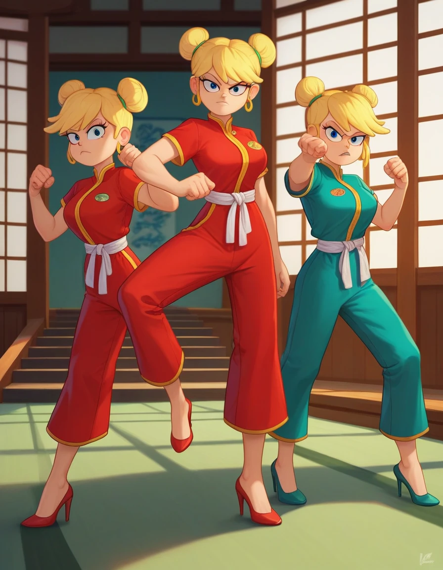 leni loud, 3girl, trio, 24yo girl, large breasts, green cheongsam,  inside of a chinese temple, dojo, looking at viewer, blonde hair, two hair buns , hands  score_9, score_8_up, score_7_up, high heels, teep fighting stance,martial arts, stairs behind her, guarding the stairs, a door behind the stair, chinese writings on the wall, long pants, triplets