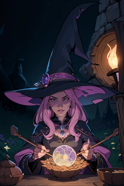 "Witchy Accessories": An illustration showcasing the iconic accessories of witches, including a pointed hat, broomstick, cauldron, and crystal ball, arranged in a visually appealing composition, Ultra realism, color field printing, high detail, UHD, 8k, anatomically correct, cinematic lighting 4d quality