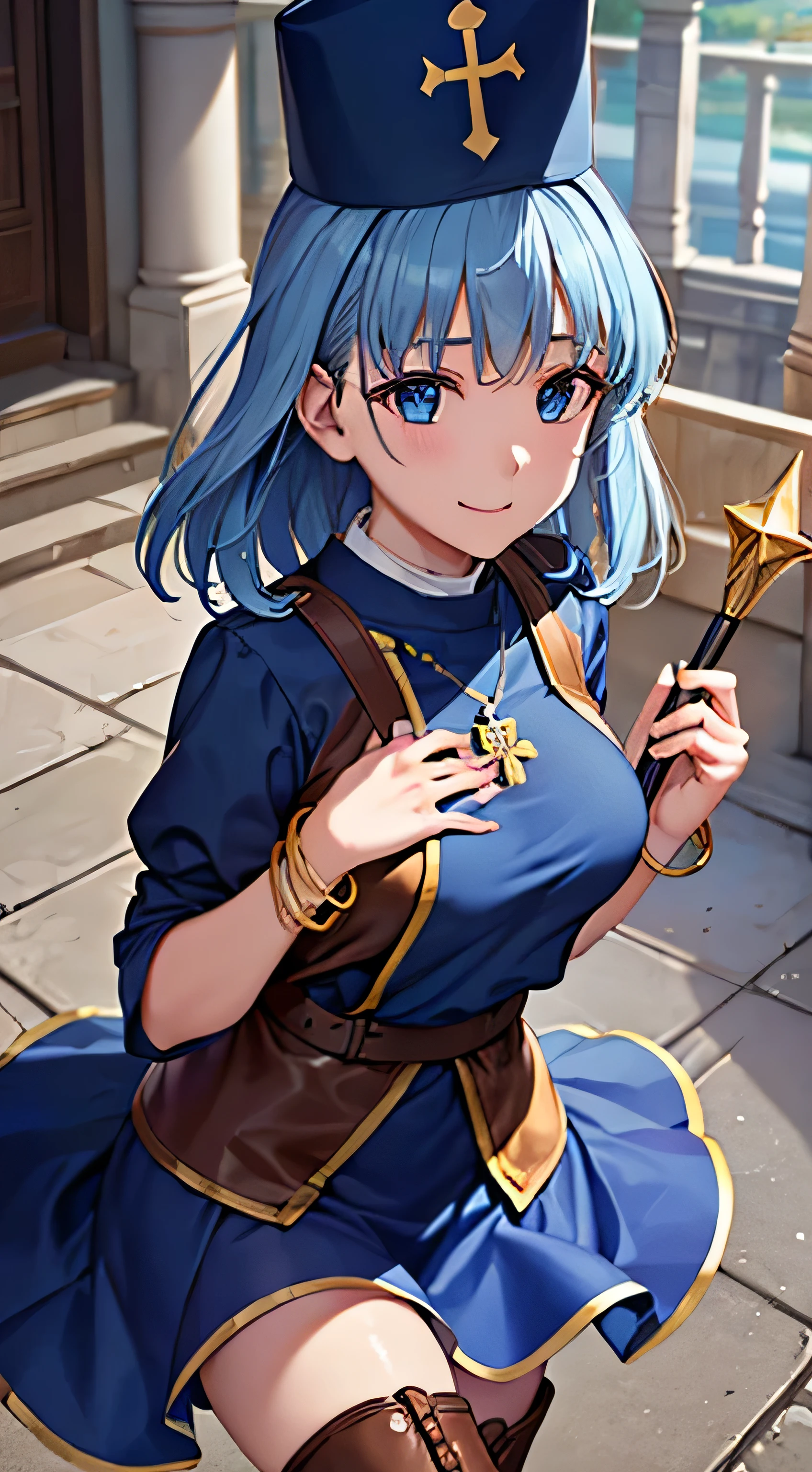 ((masterpiece, Best Quality, Hi-Res, , Perfect Pixel , 4K, ))), 1 woman, single, Alone, Beauty、The whole body is visible、 ((( light blue straight hair holding a monk's wand))),( bangs, ), (( beautiful eyes, beautiful eyelashes , Real Eyes )), (( Detailed Face , )), (( smooth texture:0.75, Realistic texture:0.65, photorealistic:1.1, anime CG style)), medium chest, dynamic angle that raises one leg terribly, perfect body, ((Priest costume、(luxurious blue mitra、blue long tabert)、 Bracelets、Priest hat 、、 brown leather boots 、Gold Circlet))、cathedral、The gorgeous shining monk's cane 、Sideboob、、、、、 and a very embarrassed panic smile、 cute smile、 、 ( The wind rolled up the skirt、、Pose to hold your chest with both arms、 lean forward、)、