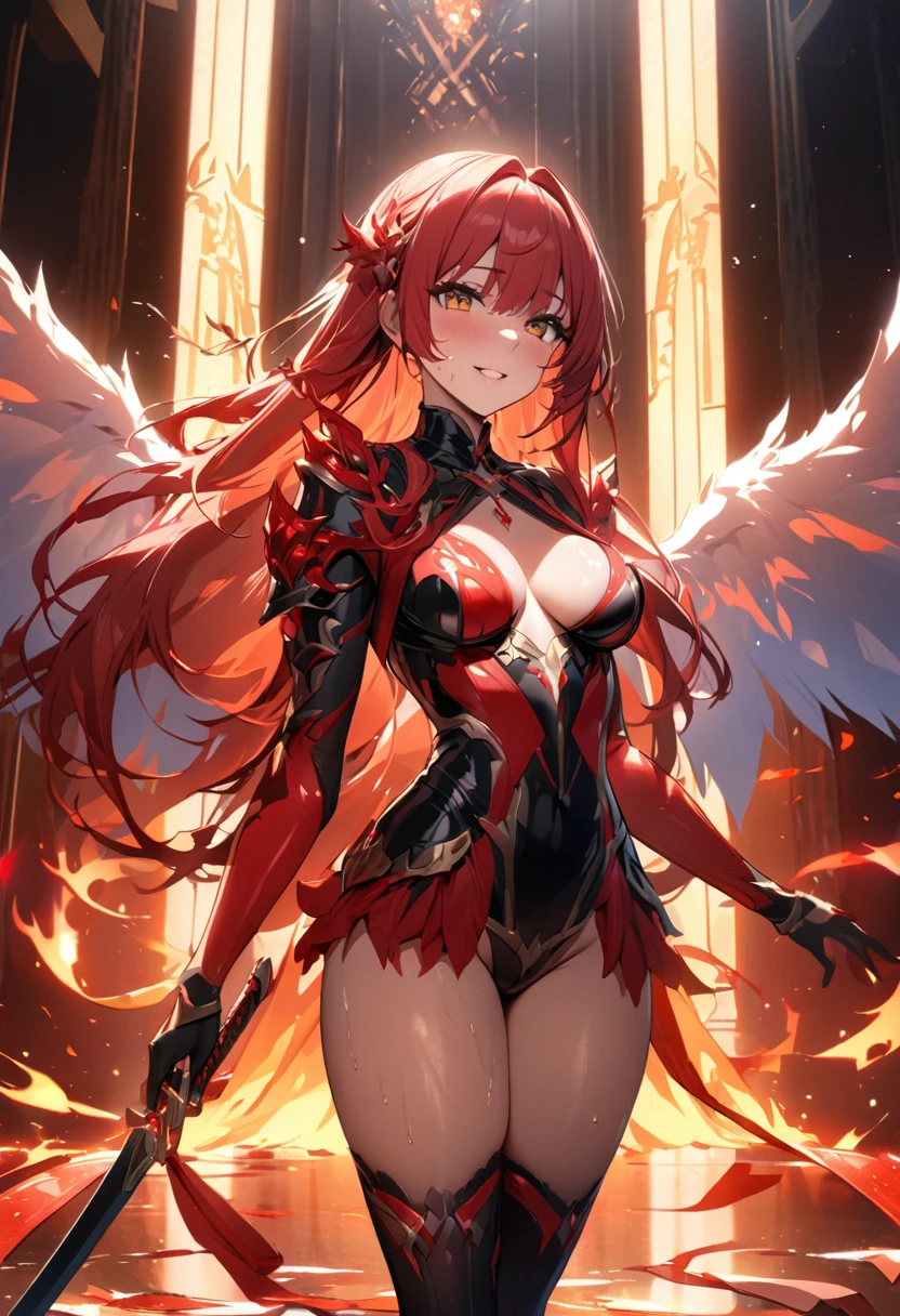 (masterpiece,  best quality:1.2,UHD,High Resolution、Detailed depiction)、One sexy beauty 、 sexy lips、Red lipstick、Drenched in sweat、Red Hair、White inner color、Incarnation of Fire 、Wings of Fire、 Sexy Smiles 、 sword with a red sword and a black blade、The sword is wearing fire 、Dazzling lights are scattered around、 raises a sword to the sky and unleashes great magic、 dynamic lighting 、 Flashy and Luxurious Effects、Golden Time 