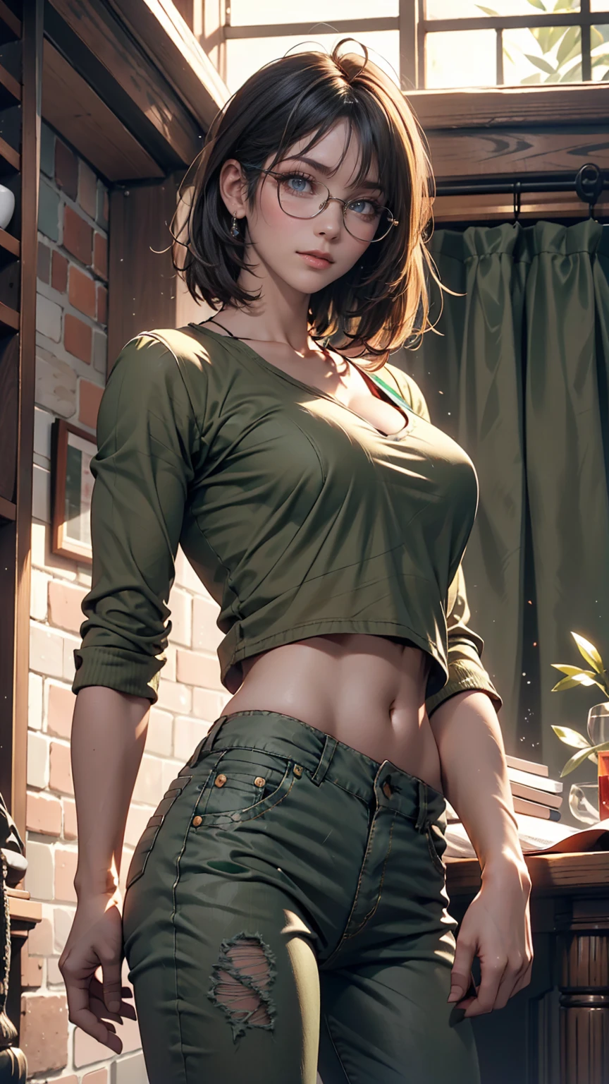 masterpiece, Best Quality,  1 girl, Alone, 23 years old, adult, Turquoise Hair,  hair is unkempt ,   Invalid , Ahoge,  very short hair, Aqua Eye,  Medium Chest ,   toned , 167cm, Pale skin, Glasses, Green, Olive green shirt, jeans,  Midriff Peak ,