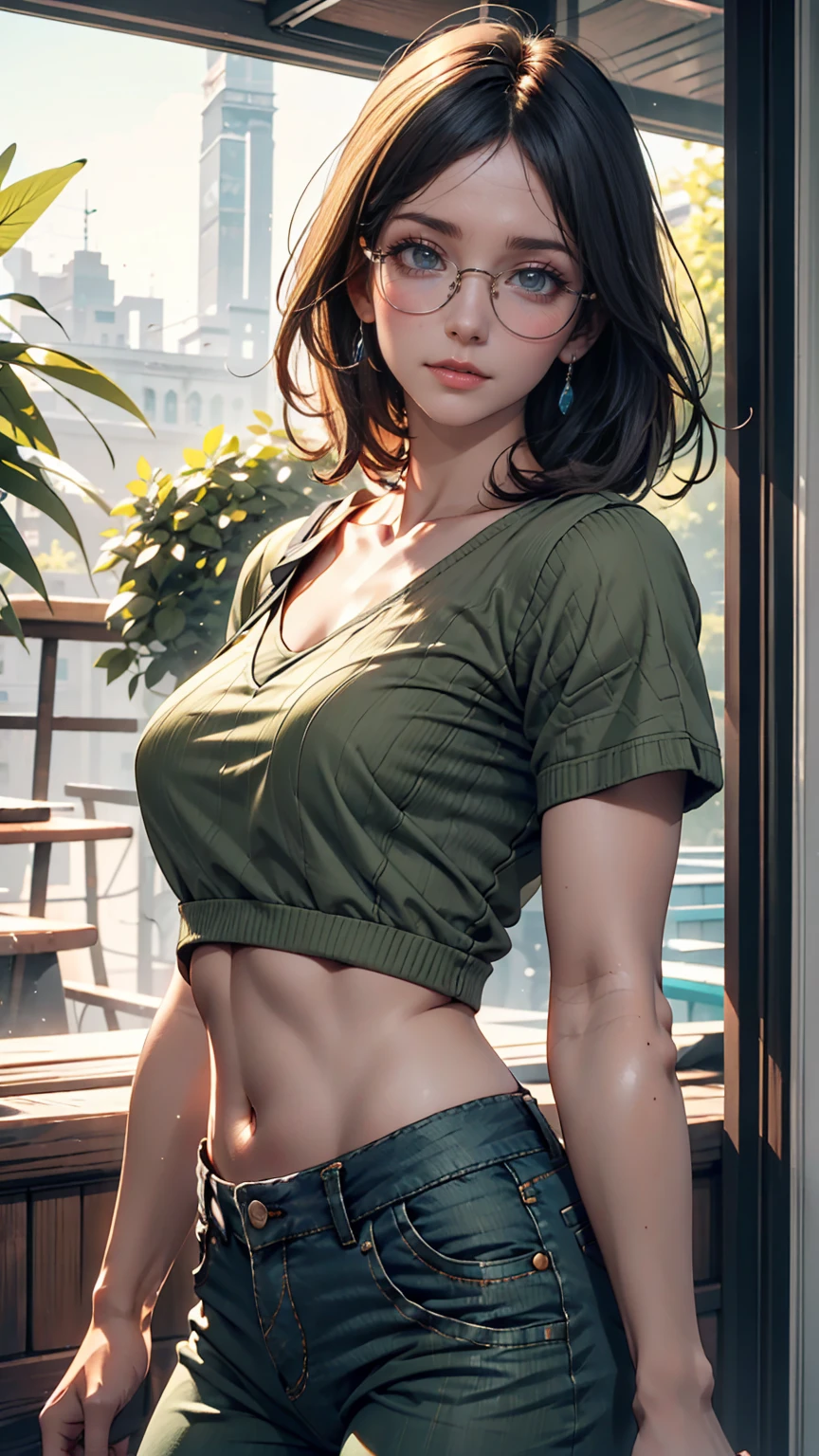 Lara Croft, gorgeous woman in wet shorts, wet clothes, dripping,, drenched, soaked, wet hair, sopping wet, soaked in oil, white t-shirt, midriff, tight clothes, brown hair, pony tail, belt, military green shorts, jungle, 1girl