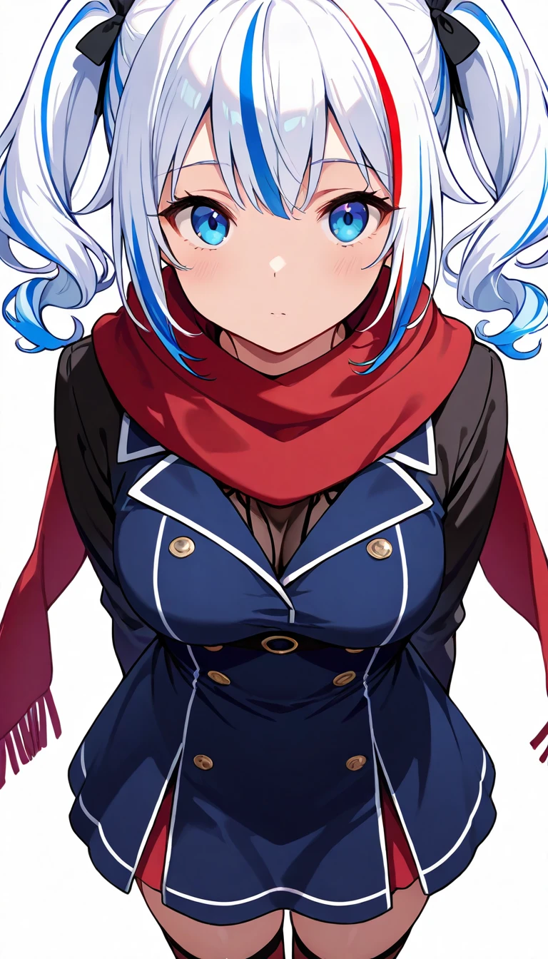 a close up of a girl in black and red clothing and a blue dress, 1girl, solo, blue hair, blue eyes, red scarf, twintails, multicolored hair, thighhighs, white background, simple background, white hair, breasts, scarf, arms behind back, looking at viewer, black dress, dress, streaked hair