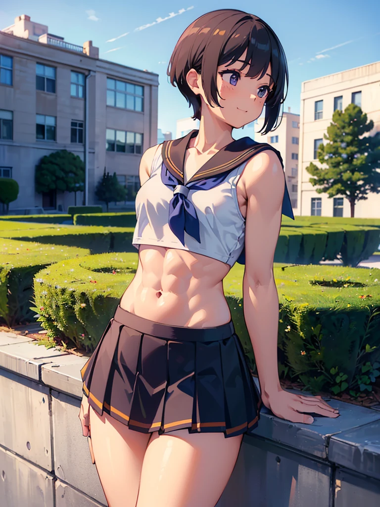 highest quality、Realistic、female、14 years old、zoom、Chestnut Hair、Blue Eyes、short hair、athlete、White polo shirt、White pleated skirt、athlete、muscle、Abdominal muscles、Glasses、Sunburned、Tan、Brown Skin、From below、Jump、smile、Looking down、、Small breasts、Bust Shot、　