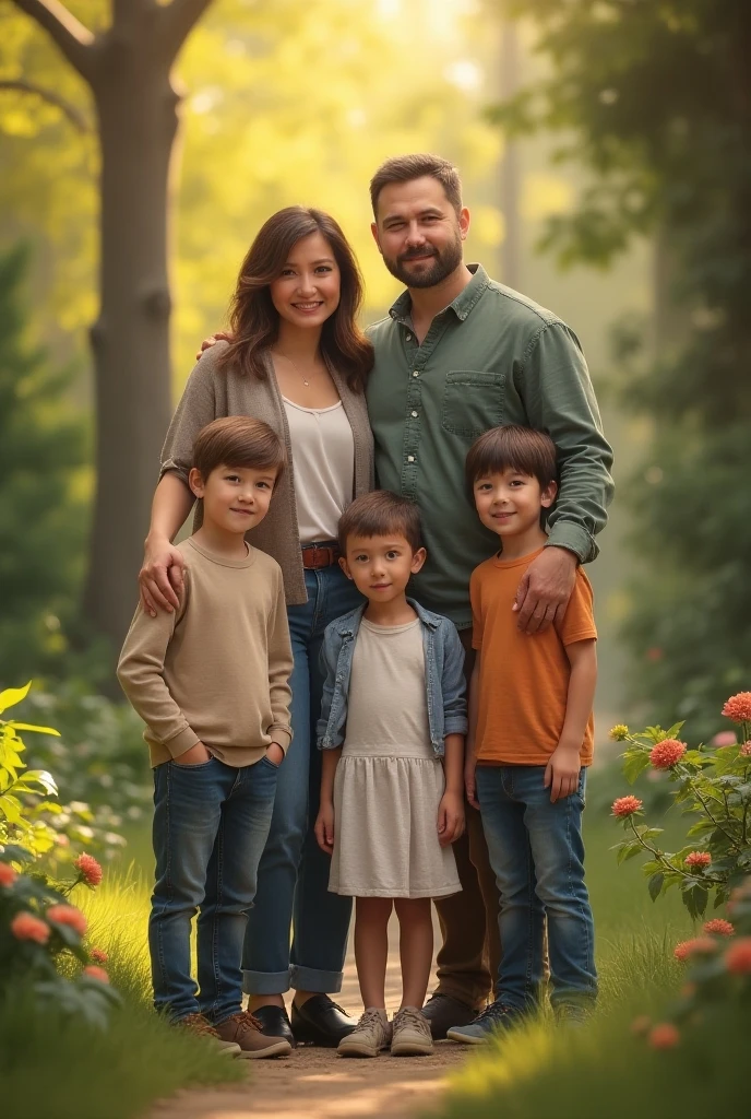 arafed family posing for a picture in a forest, very accurate photo, vacation photo, family photo, photoshopped, with a tall tree, forest with trees with faces, real life photo, trees in the background, high quality portrait, family photography, outdoor photo, in front of a forest background, stylized photo, family portrait, of a family standing in a park