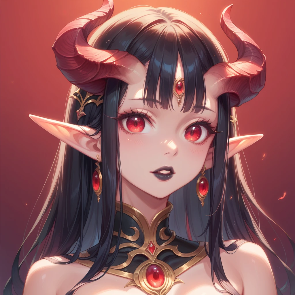 A beautifully detailed woman, succubus female, long black hair, elf ears, large eyes, red iris, long eyelashes, detailed facial features, black lipstick, demon horns, (((red to black gradient background)))
