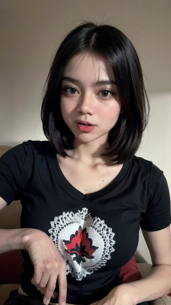 (RAW, Best quality, high resolution, Masterpiece: 1.3), Beautiful Malay woman , Masterpiece, Perfect plump body, (punk shirt), Beautiful eyes, Soft grind, (solo:1.2, top quality), Realistic, (Real picture, Intricate details, Depth of field)，1 malay girl , modern plain, silly, medium portrait shot , watery eyes ,droopy eyes, watery, lip glossy, horny orgasm face expression, wear shirt, a woman in punk shirt, lace, simple background, bokeh background, proportional body, 32k