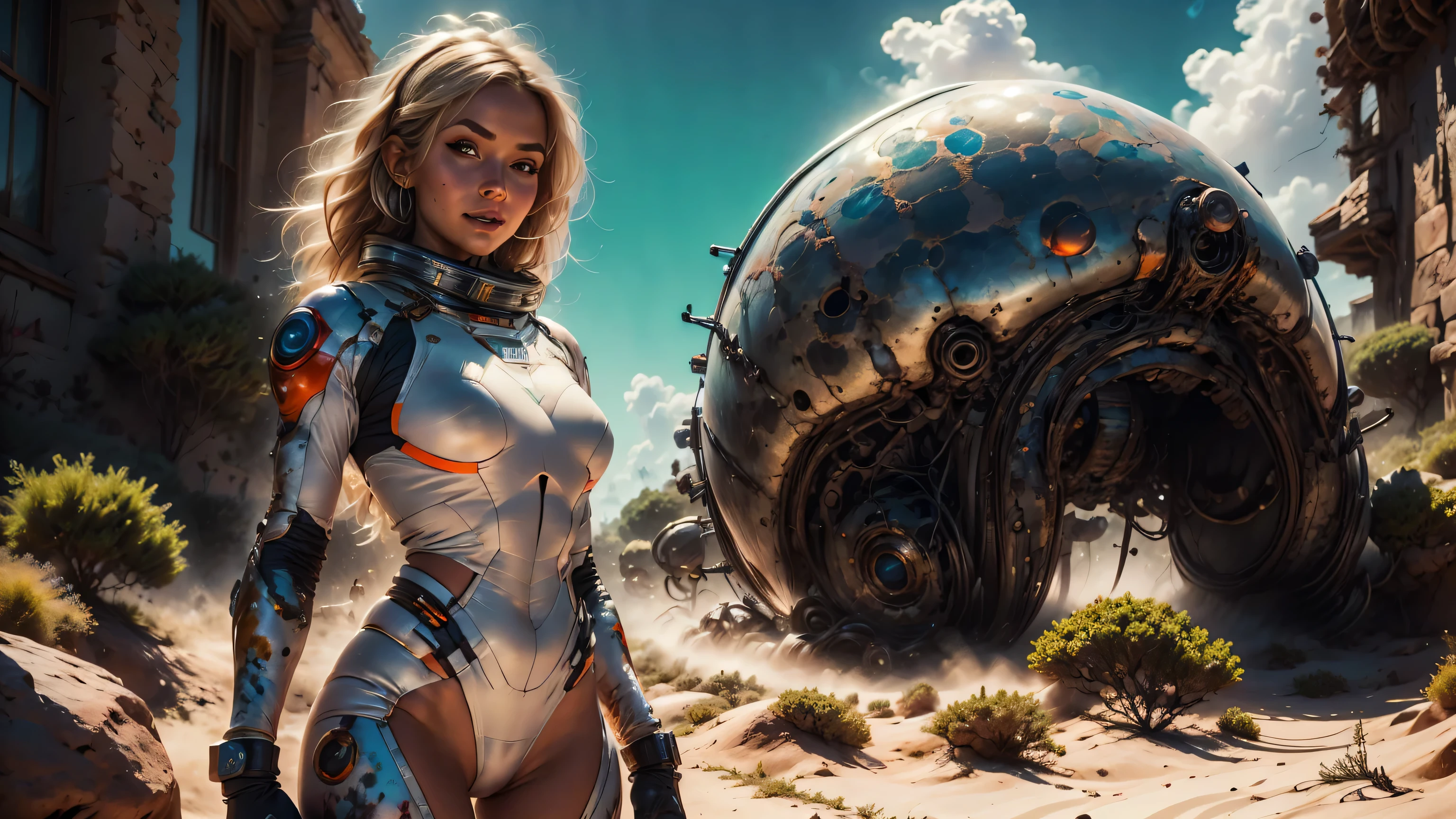 infrared image of a blonde white woman in a futuristic suit with a spaceship in the background, full body view, movie art, in front of an orange background of a Martian desert landscape, inspired by Robert McGinnis, female protagonist, megastructure in the background, portrait of an ai astronaut, astronauts, an astronaut, portrait of a astronaut skeletor, perfect android girl, Highly Detailed Face and Skin Texture, Detailed Eyes, Detailed eyelids, perfectly detailed teeth, (((Frank Franzetta style painting))),