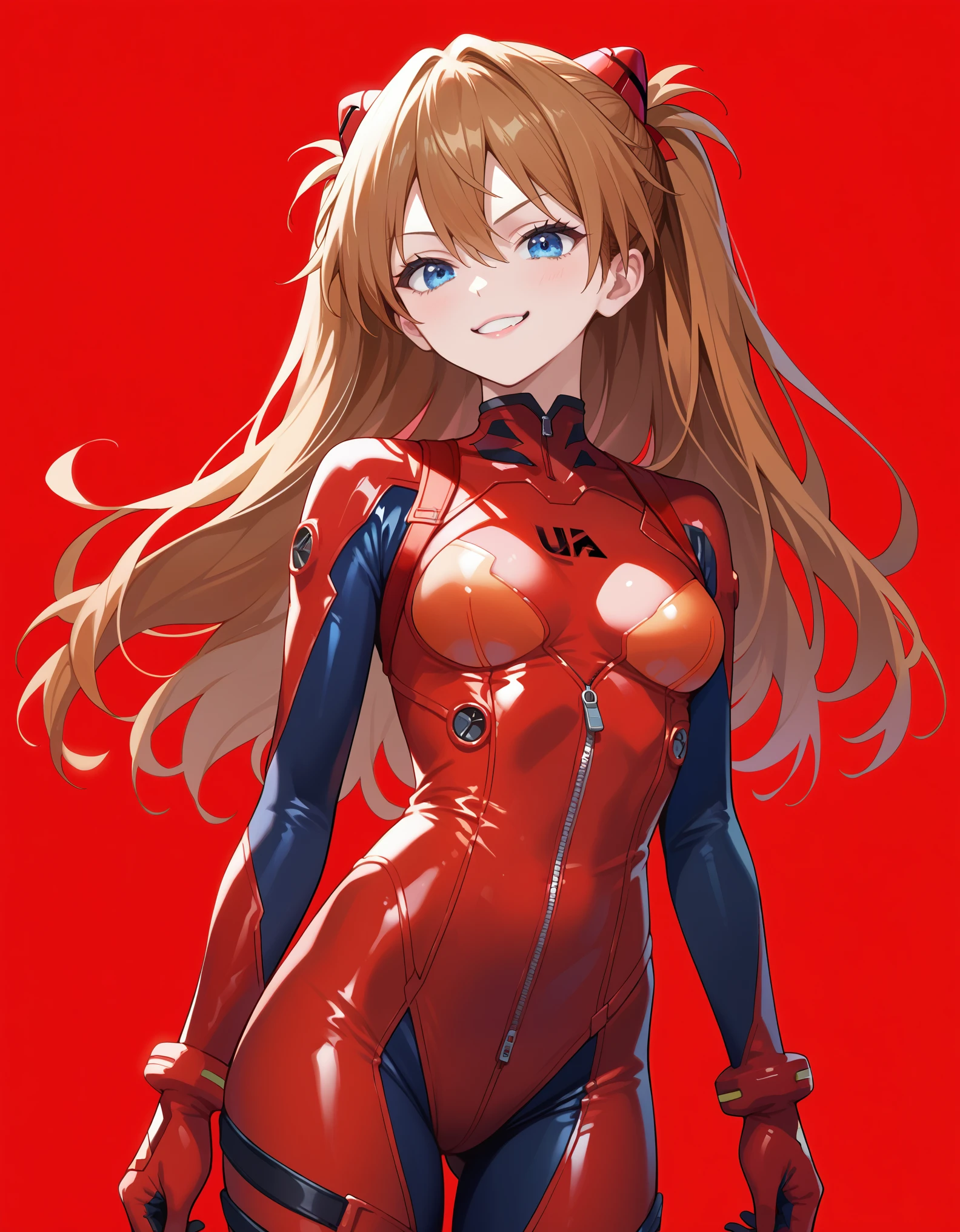 score_9, score_8_up, score_7_up, 1girl, asuka langley soryu, brown hair, long hair, bangs, blue eyes, hair ornament, red zipped bodysuit, bodysuit, plugsuit, interface headset, smug, simple background, red background, cowboy shot