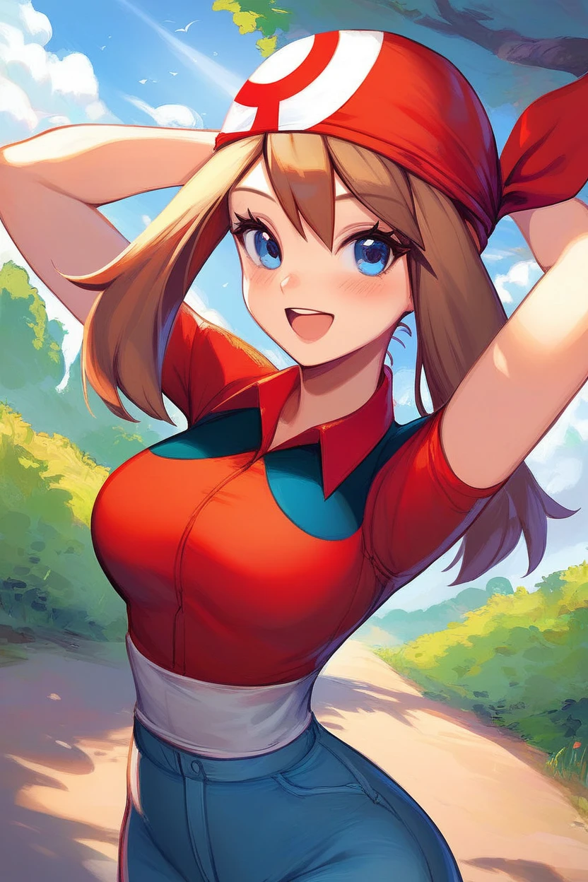 score_9, score_8_up, score_8, medium breasts, (curvy), cute, eyelashes,       zzMay, breasts, looking at viewer, blush, open mouth, bangs, shirt, upper body, short sleeves, outdoors, sky, day, collared shirt, cloud, smile, arms up, tree, eyelashes, red shirt, arms behind head, bandana, bush, official style, red bandana,  embedding:zPDXL, big boobs, busty, curvy