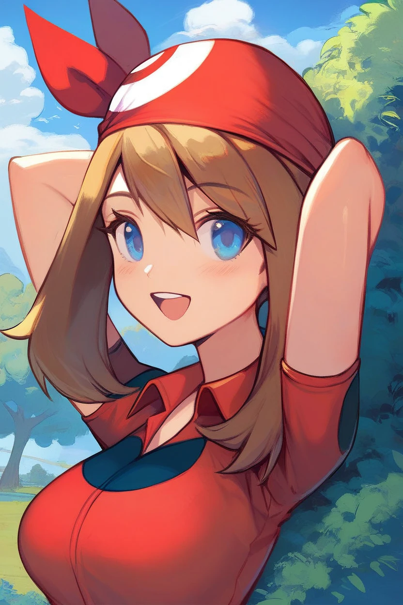 score_9, score_8_up, score_8, medium breasts, (curvy), cute, eyelashes,       zzMay, breasts, looking at viewer, blush, open mouth, bangs, shirt, upper body, short sleeves, outdoors, sky, day, collared shirt, cloud, smile, arms up, tree, eyelashes, red shirt, arms behind head, bandana, bush, official style, red bandana,  embedding:zPDXL, big boobs, busty, curvy