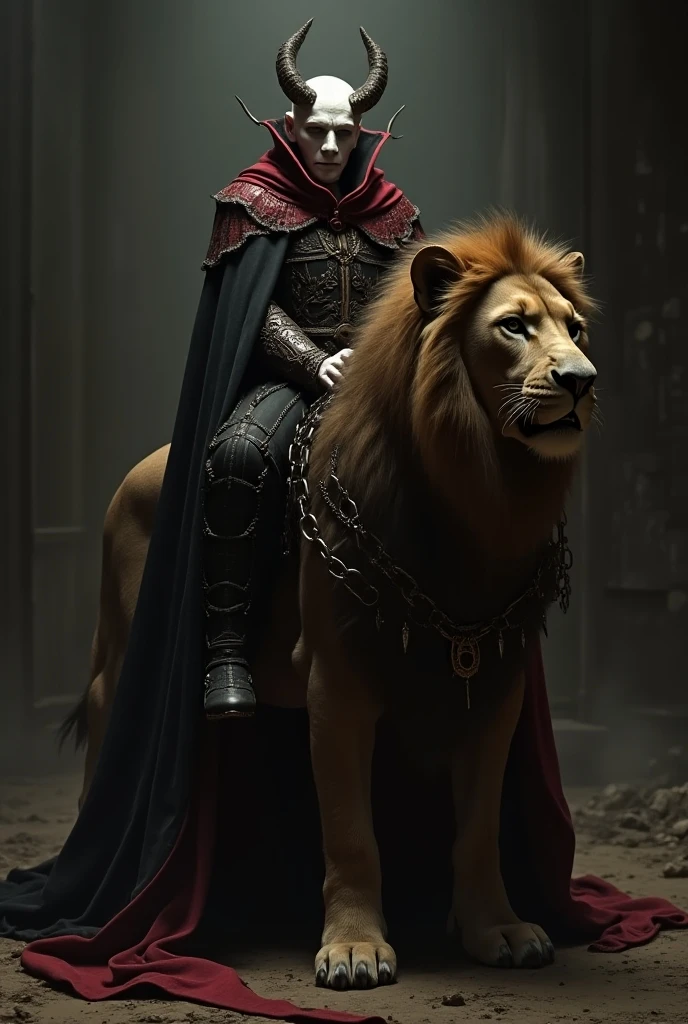 A warrior lion, imposing and confident, riding his black horse , crossing a bridge full of zombies