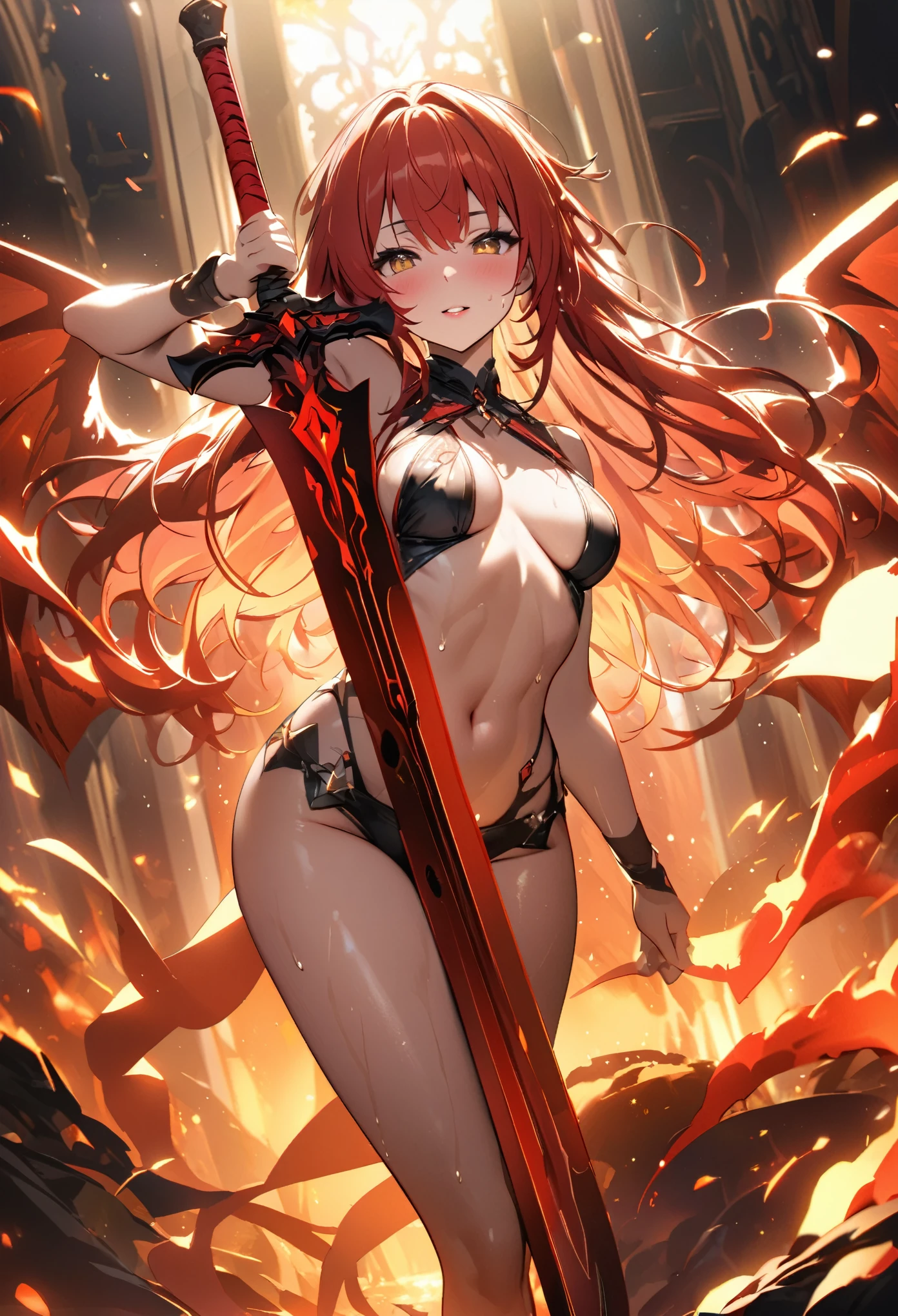 Ruby bikini, ruby crown, bare belly, big breasts, red hair, red eyes, godness of fire, fire magic