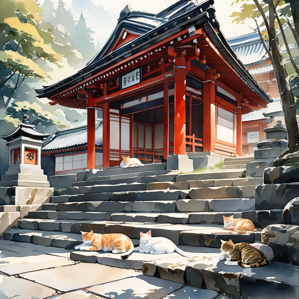 Three cats sleeping on the stone steps of a shrine,
watercolor, (masterpiece, best quality, hyper detailed:1.2),