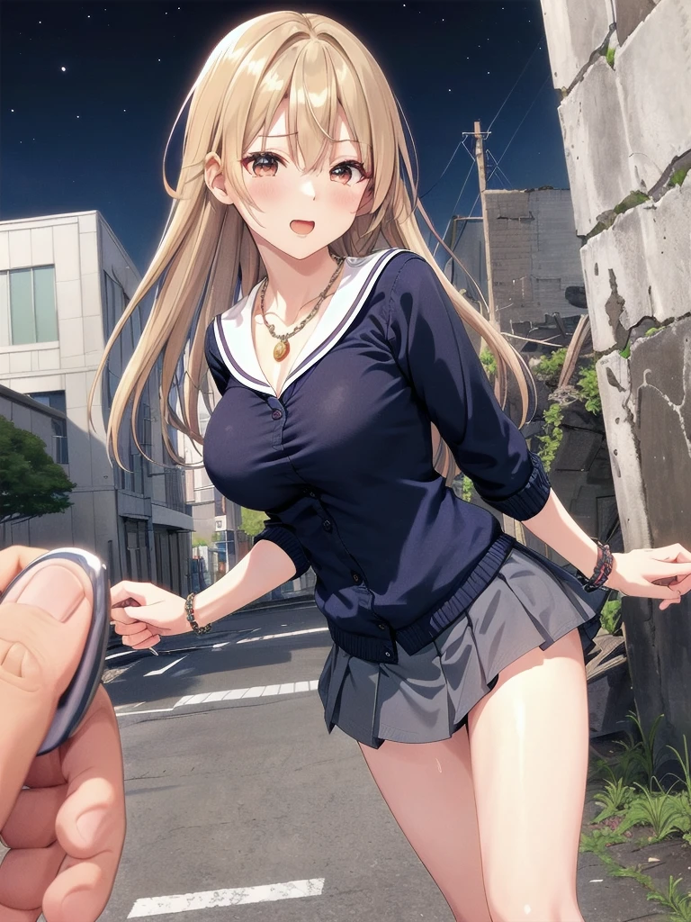     mature woman is open in millimeters  ,   お寺のBig Breasts, Student Uniform,  sailor suit, high school girl,    Cardigans   ,   cosplay, Big Breasts,        open your chest wide        , ,(     miniskirt length  :1.3),  (グレーの   フロントクロージャー付き Cardigans   ),  sleeveless high neck top for viewers who place their hands behind the ground , No pants,(    sweated , shiny skin:1.1), (Ruins:1.2),      outdoor     ,sunlight, Spotlight effect,Dark Skies,Strong winds,(    High image quality,      high quality:1.1),      complicated details ,         Movie Lighting    ,      1 girl,(,  Because she's embarrassed ),(     necklace     ,      Bracelets),(Remoteプレイ:1.2), (Remote_vibration:1.2), (( hand:1.3))、   Dynamic pose of a ladle holding a ladle  ,