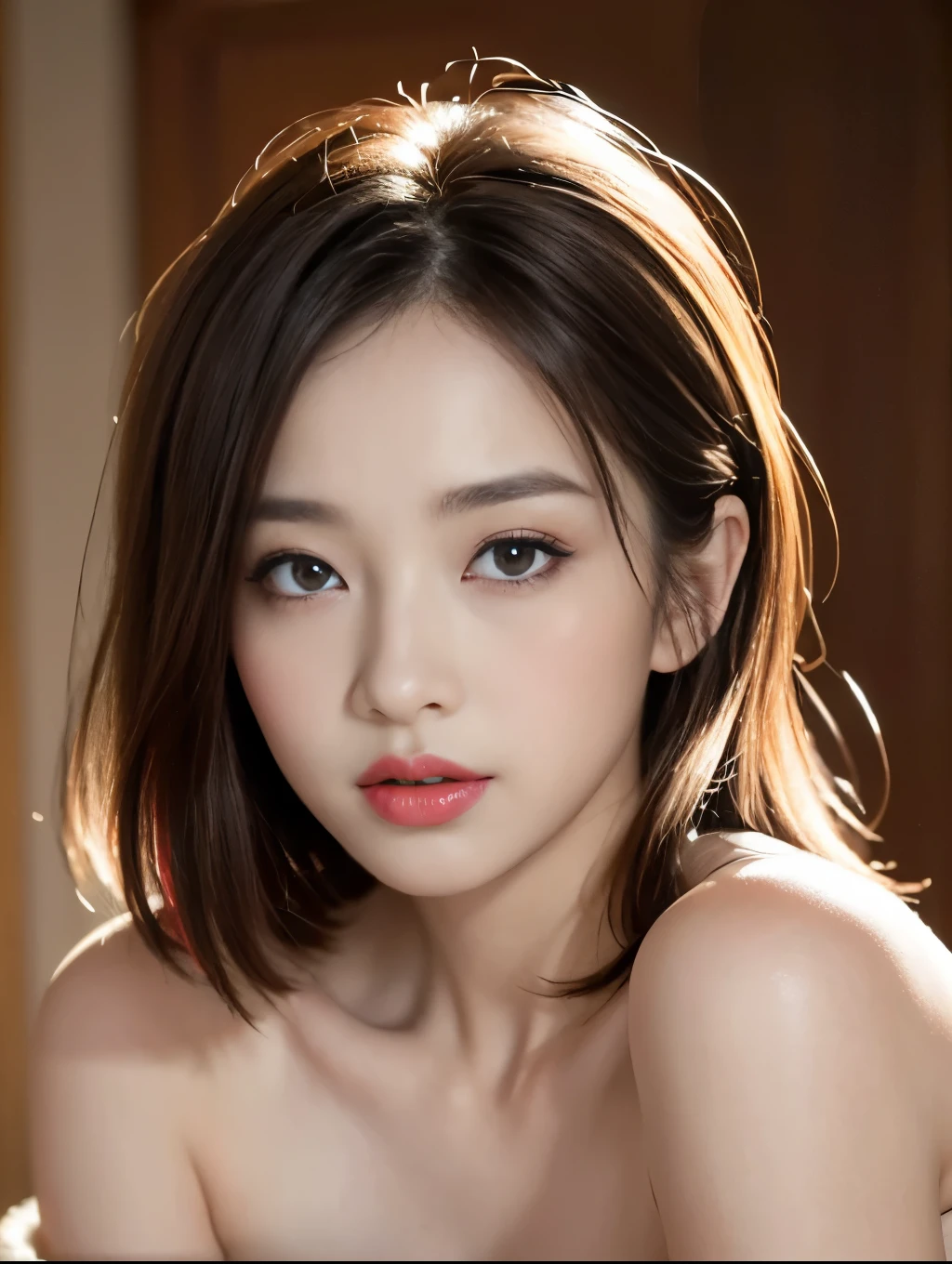 highest quality、Ultra-high resolution、(Realistic:1.4)、((Full nudity))、Beautiful Eyes、Beautiful breasts、Realistic skin texture、Thin pubic hair、NSFW, 8K quality, 8K Ultra, 10x more pixels、Highly detailed cute face、Detailed lips、Fine grain、double eyelid、Natural Makeup、（Kind eyes）、（Cute Girls）、Perfect balance、Small tangled naked short hair、Beautiful nipples、Bedroom、(())、((Very soft breasts))、((Realistic skin type))、((Realistic Skin))、(Saggy breasts)、((Engaging in sexual activity))、((Keep your face close))、(Climax)、((Feeling facial expression))、(Feel and climax)