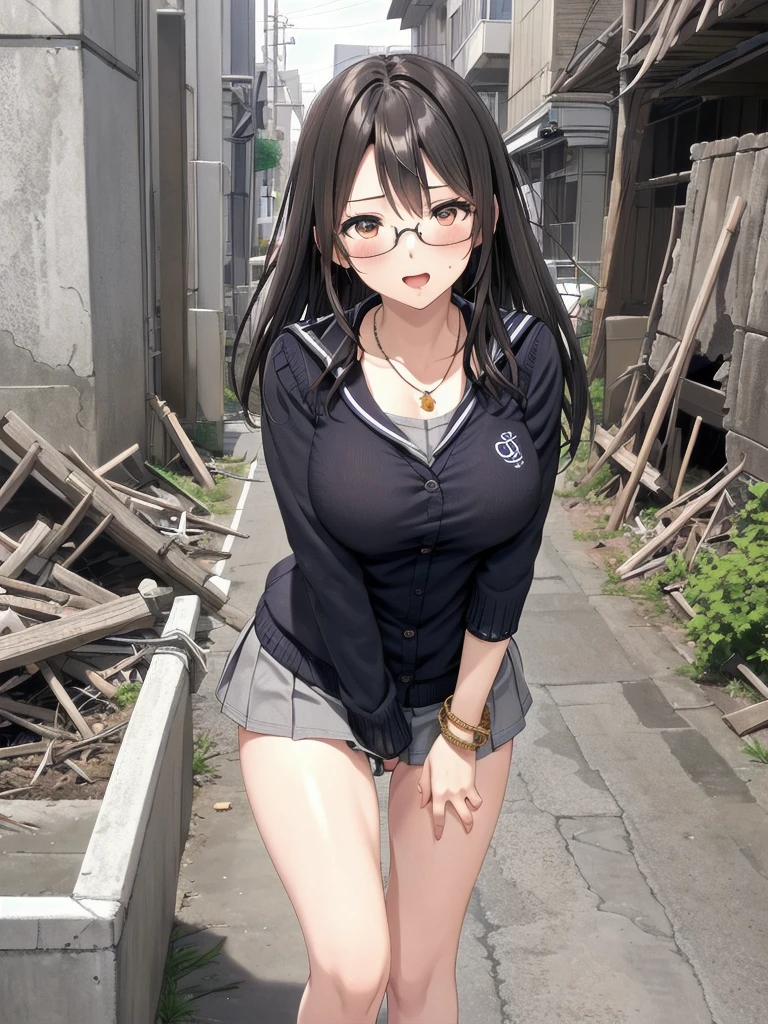     mature woman is open in millimeters  ,   お寺のBig Breasts, Student Uniform,  sailor suit, high school girl,    Cardigans   ,   cosplay, Big Breasts,        open your chest wide        , ,(     miniskirt length  :1.3),  (グレーの   フロントクロージャー付き Cardigans   ),  sleeveless high neck top for viewers who place their hands behind the ground , No pants,(    sweated , shiny skin:1.1), (Ruins:1.2),      outdoor     ,sunlight, Spotlight effect,Dark Skies,Strong winds,(    High image quality,      high quality:1.1),      complicated details ,         Movie Lighting    ,      1 girl,(,  Because she's embarrassed ),(     necklace     ,      Bracelets),(Remoteプレイ:1.2), (Remote_vibration:1.2), (( hand:1.3))、   Dynamic pose of a ladle holding a ladle  ,Glasses