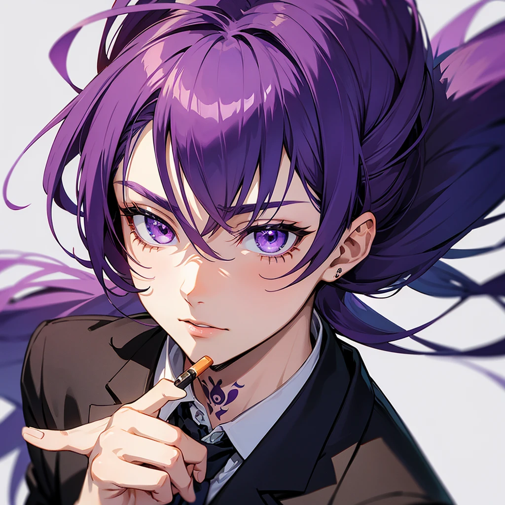 Long purple hair, wearing a black suit with a cigarette..