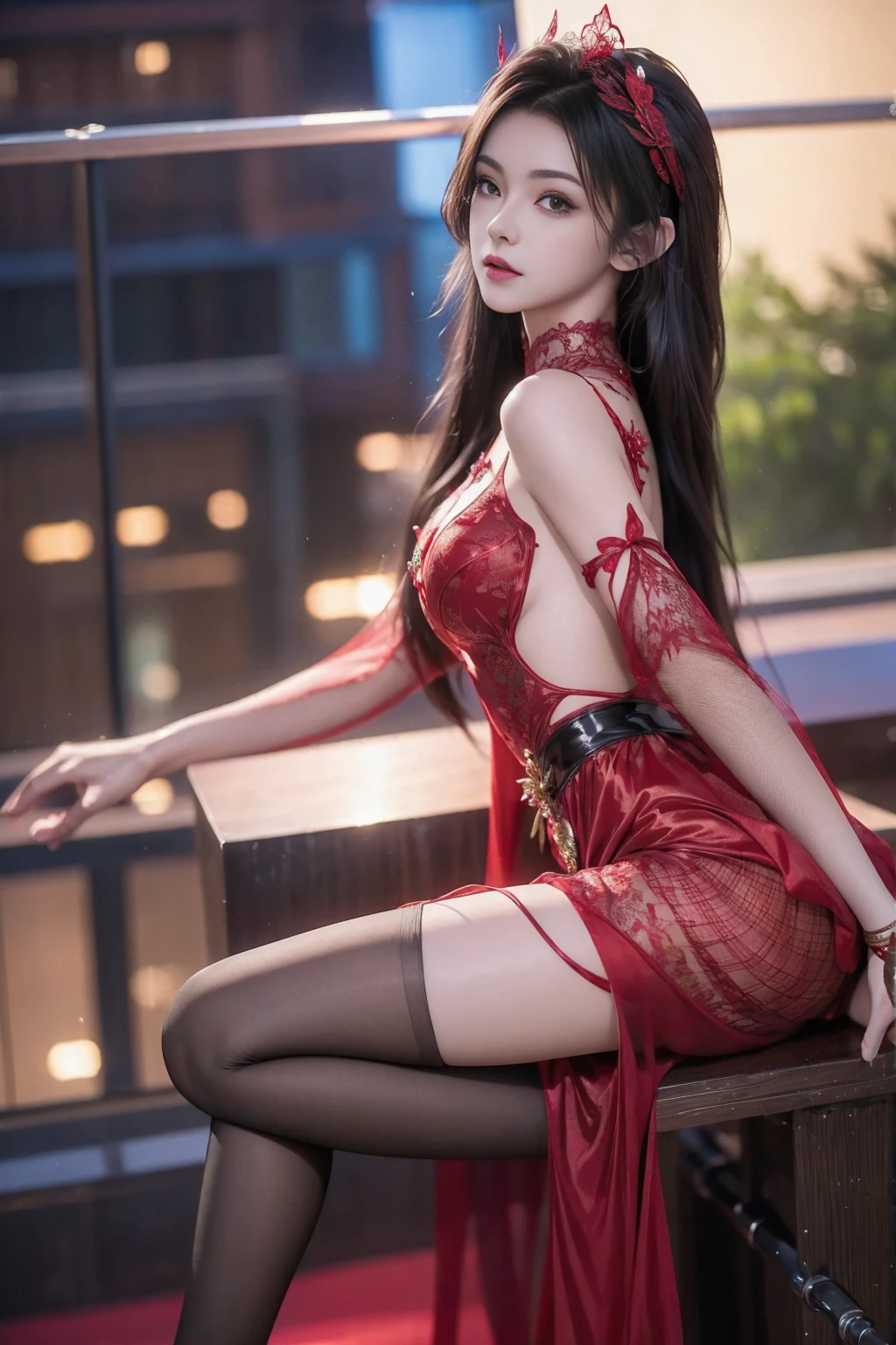 A young girl wearing a black and red silk cheongsam, a double ponytail hairstyle, black knee-length velvet stockings, satin long gloves that completely wrapped her fingers, and embroidered shoes, was half lying on the bed