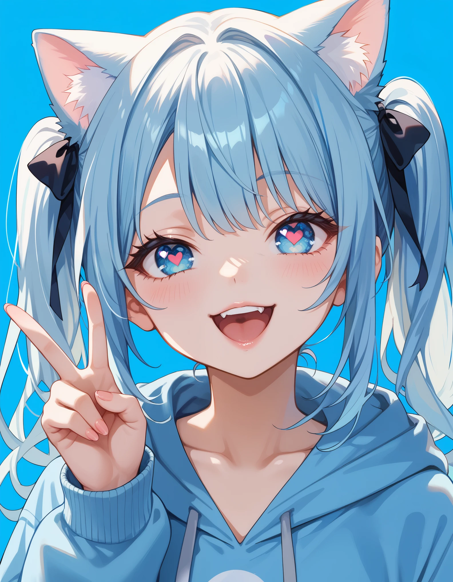 score_9, score_8_up, score_7_up, 1girl, cat girl, cat ears, animal ears, long hair, twintails, light blue hair, blue eyes, hoodie, v sign, heart-shaped pupils, open mouth, happy, smile, close up, simple background, blue background