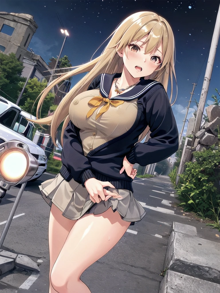     mature woman is open in millimeters  ,   お寺のBig Breasts, Student Uniform,  sailor suit, high school girl,    Cardigans   ,   cosplay, Big Breasts,        open your chest wide        , ,(     miniskirt length  :1.3),  (ベージュの Cardigans を羽織る  ),  sleeveless high neck top for viewers who place their hands behind the ground , No pants,(    sweated , shiny skin:1.1), (Ruins:1.2),      outdoor     ,sunlight, Spotlight effect,Dark Skies,Strong winds,(    High image quality,      high quality:1.1),      complicated details ,         Movie Lighting    ,      1 girl,(,  Because she's embarrassed ),(     necklace     ,      Bracelets),(Remoteプレイ:1.2), (Remote_vibration:1.2), (( hand:1.3))、   Dynamic pose of a ladle holding a ladle  ,