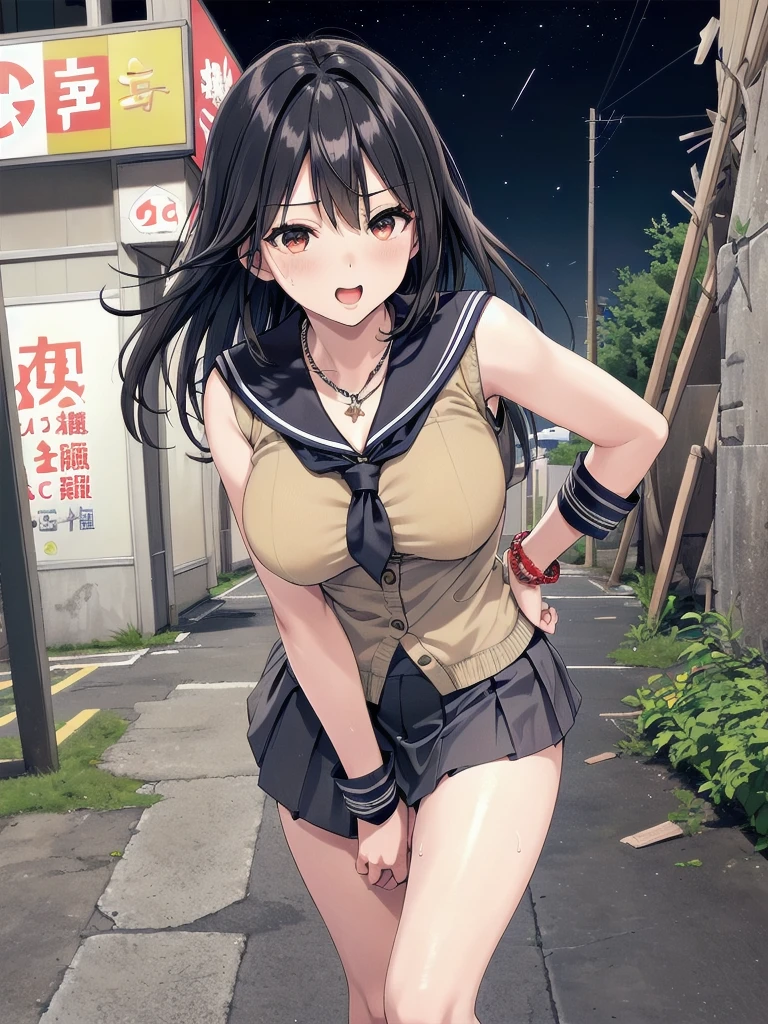 female high-school student　Black sailor suit　a black skirt　Undressing　Nipples are visible　Taking off your pants　The body is well visible　wet with sexual fluids