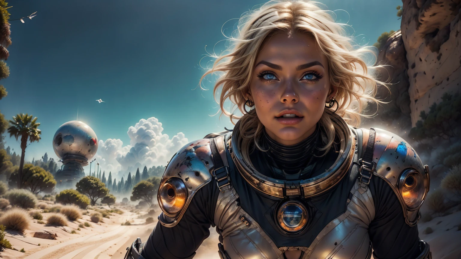 infrared image of a blonde white woman in a futuristic suit with a spaceship in the background, full body view, movie art, in front of an orange background of a Martian desert landscape, inspired by Robert McGinnis, female protagonist, megastructure in the background, portrait of an ai astronaut, astronauts, an astronaut, portrait of a astronaut skeletor, perfect android girl, Highly Detailed Face and Skin Texture, Detailed Eyes, Detailed eyelids, perfectly detailed teeth, (((Frank Franzetta style painting))), 