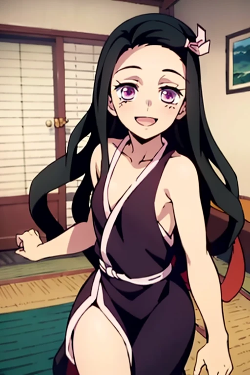 ((Best Quality)), ((masterpiece)), (be familiar with),  perfect face, indoor, bedroom,  watching viewers,
One woman, Kamado Nezuko,
 characters with open mouth ,  ecstatic expression, blush, smile,
Small breasts,  flat chest, Young girl, Lori,  kids,  girl,
Long Hair,  long hair,
Leg spread,