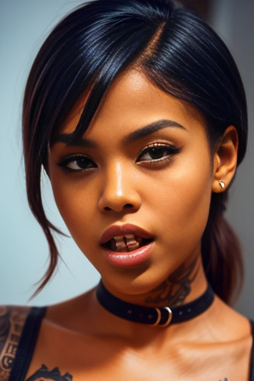 there is a woman with a black lip and black hair sticking out her tongue, with black pigtails, tongue out, photo in style of tyler mitchell, black teenage girl,  drool, long open black mouth, with black glossy lips, sexy lips, headshot photoshoot, thick lips, with wide open mouth, photo from a promo shoot, topless, sweaty, she has an ahegao facial expression, she looks submissives and sexually aroused