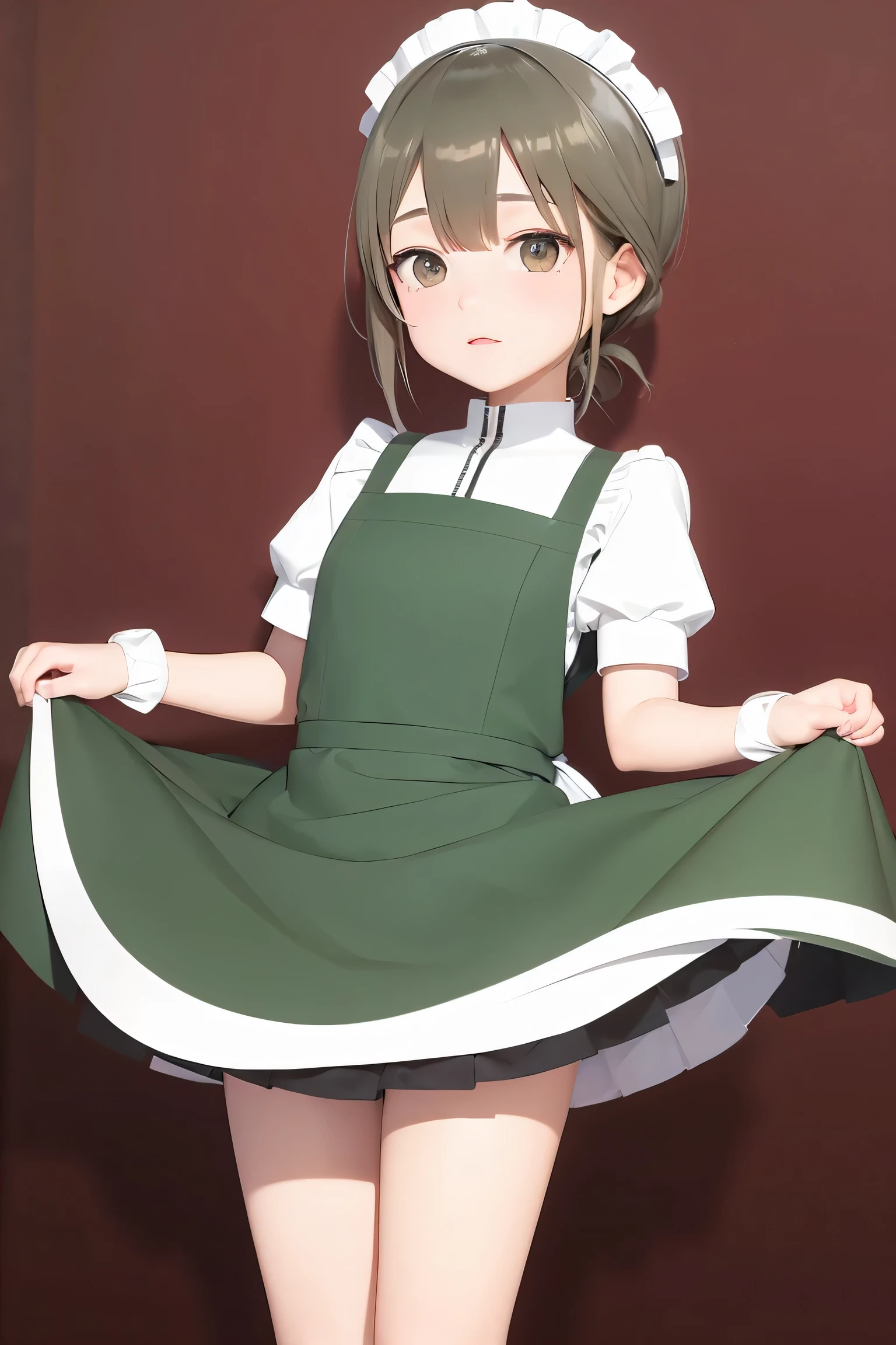 score_9, score_8_up, score_7_up, minawa, 1girl, solo, apron, maid, maid headdress, dress, alternate costume, white background, enmaided, green dress, simple background, short hair, skirt hold, looking at viewer, brown eyes, white apron, socks, blush, white socks, long sleeves